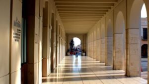 Sunlight and shadows along an arched walkway