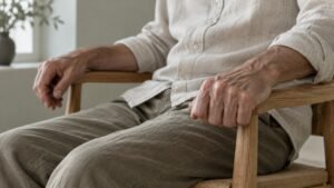 Close-up of a man's hands on the arms of a wooden chair, one gripping with tension and one resting open, illustrating stress responses