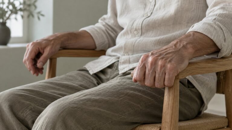 Close-up of a man's hands on the arms of a wooden chair, one gripping with tension and one resting open, illustrating stress responses