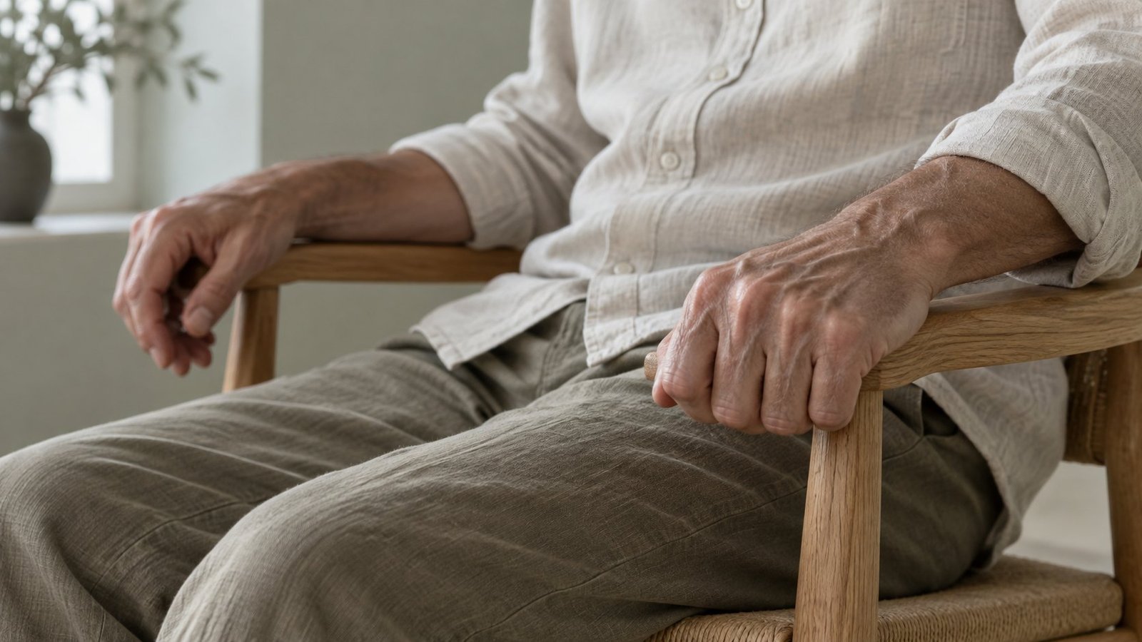 Close-up of a man's hands on the arms of a wooden chair, one gripping with tension and one resting open, illustrating stress responses