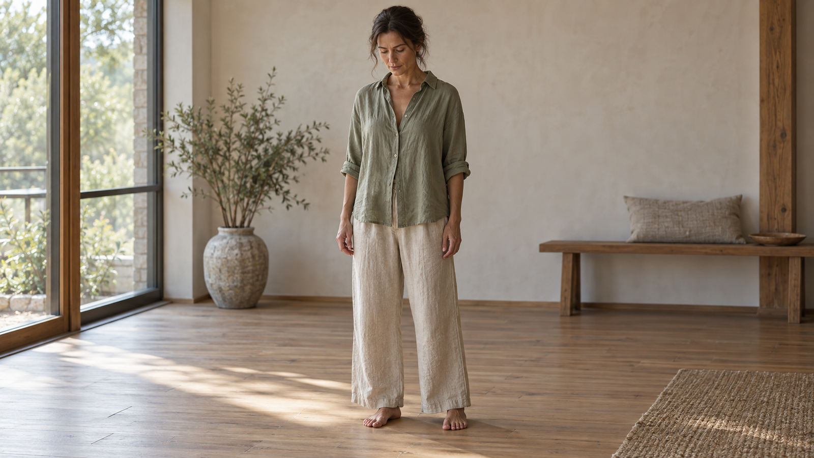 Woman standing barefoot on a wooden studio floor practising a grounding exercise for overwhelm