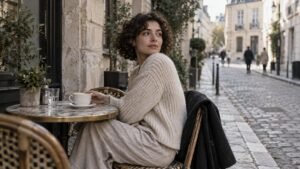 Young woman at a cafe terrace table turning calmly to look over her shoulder at the street during an orienting exercise