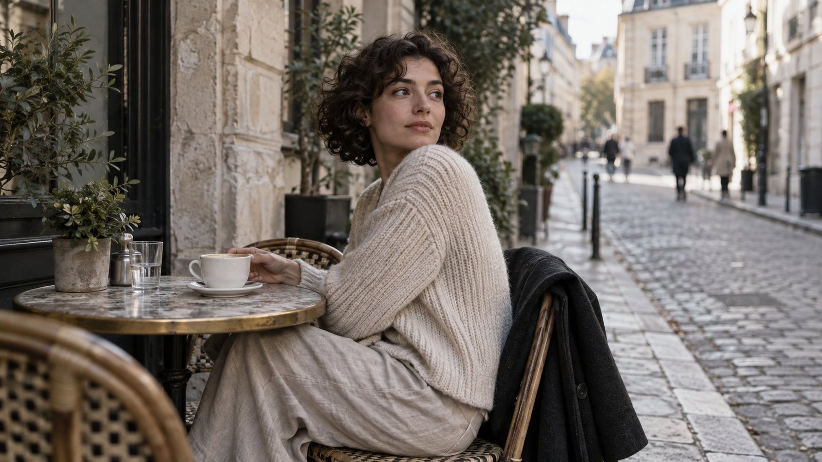 Young woman at a cafe terrace table turning calmly to look over her shoulder at the street during an orienting exercise