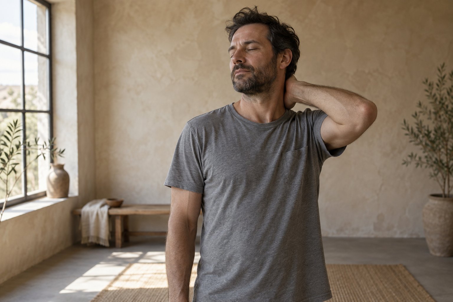 Man standing in a plaster-walled studio with eyes closed, one hand on the back of his neck