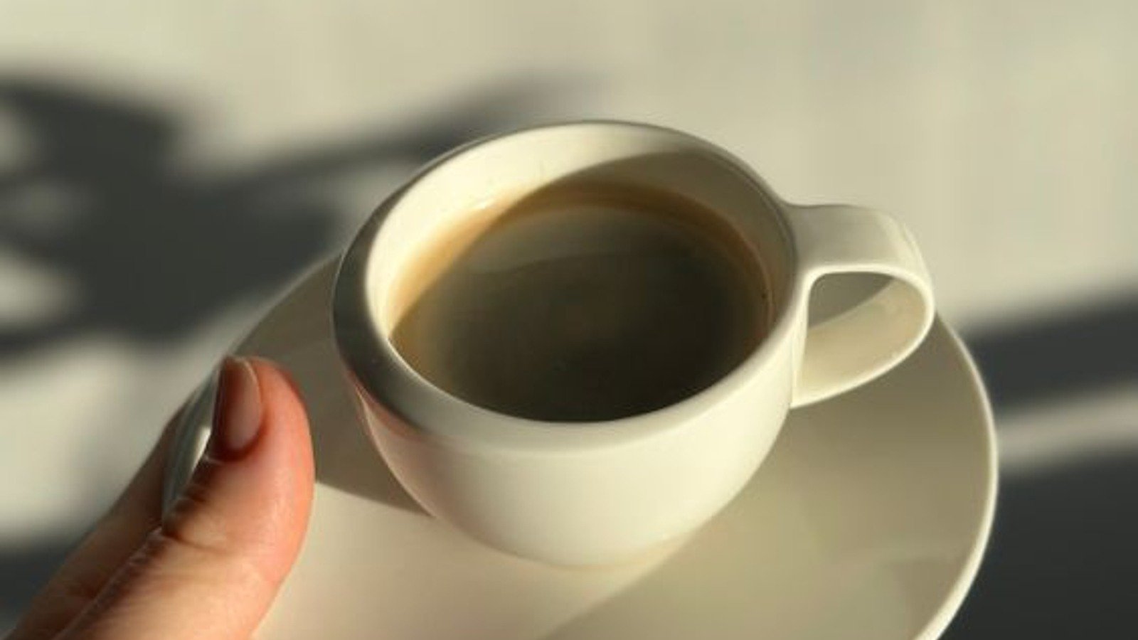 A hand holding a small white cup and saucer in sunlight