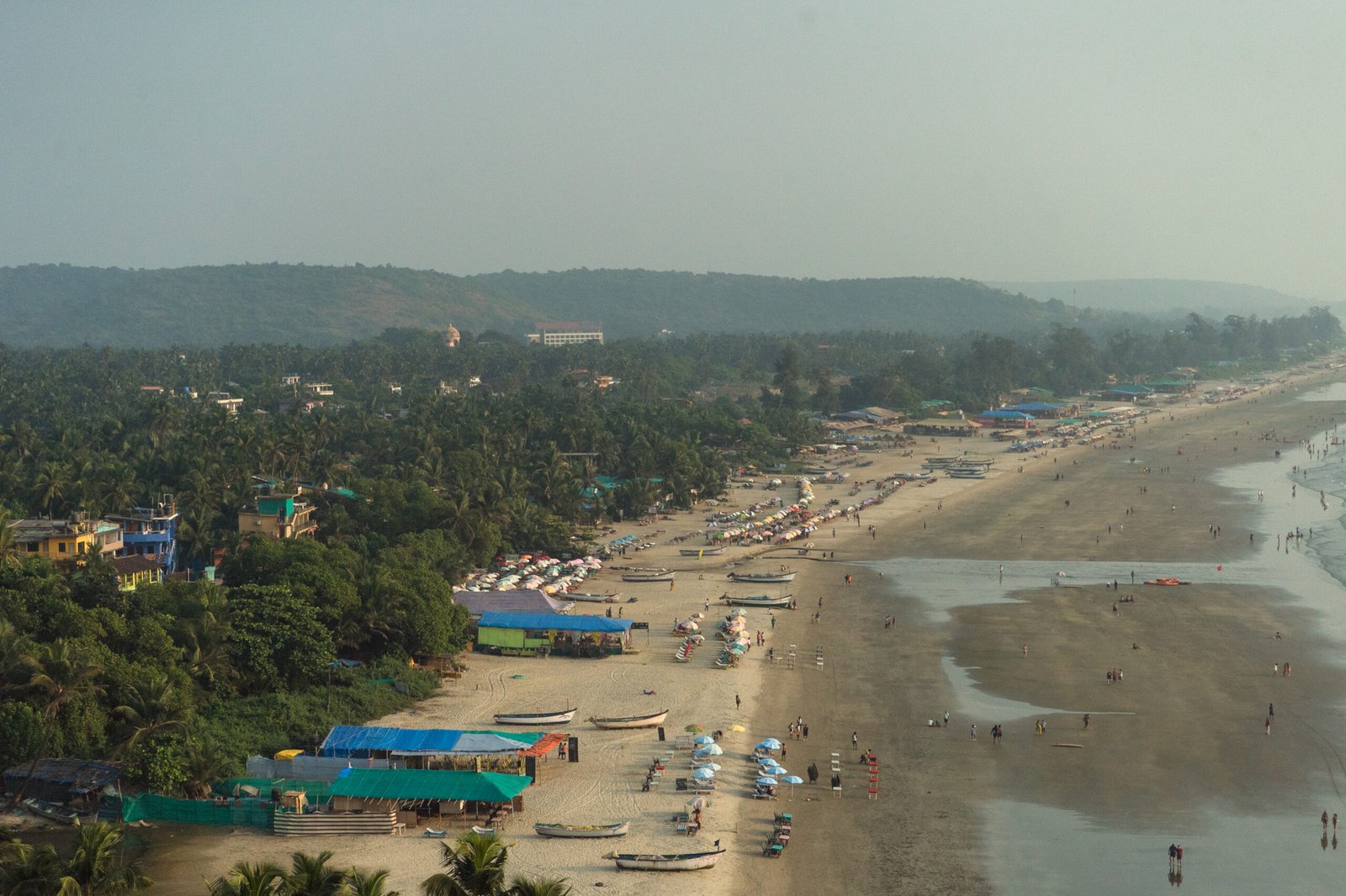 Arambol coastline with palms, sand and beach cafés