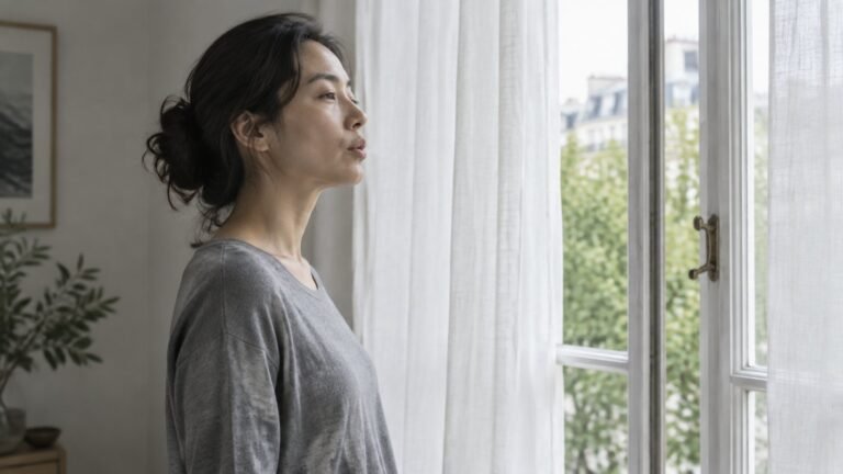 Woman standing by an open window with linen curtains, exhaling slowly through softly pursed lips with relaxed shoulders