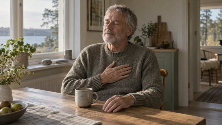 Older man seated at a wooden kitchen table with eyes closed and one hand resting on his chest, noticing bodily sensation