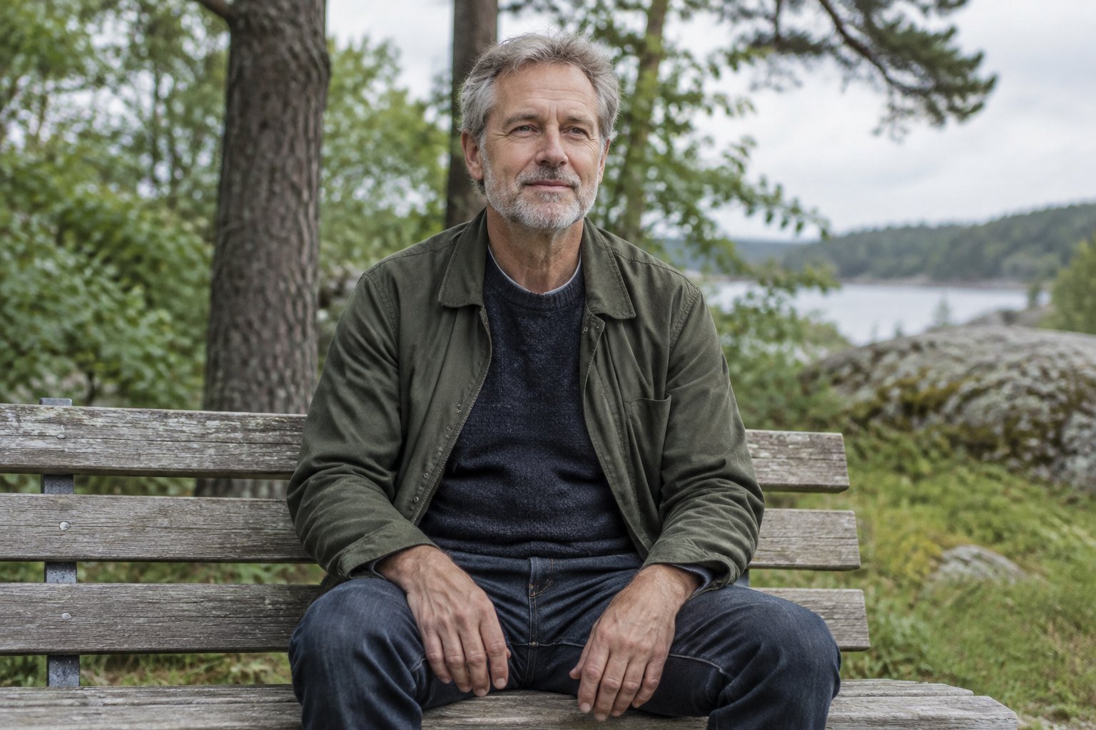 Man sitting quietly on a park bench among trees, upright and at ease