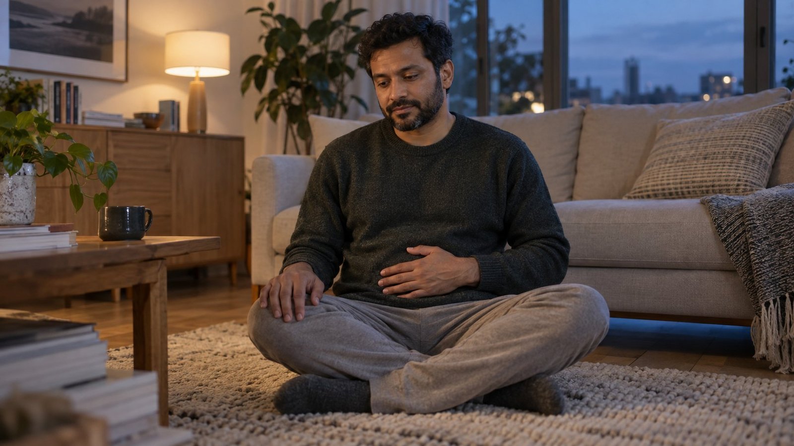 Man sitting cross-legged on a living-room rug in the evening with one hand resting on his belly, noticing sensation
