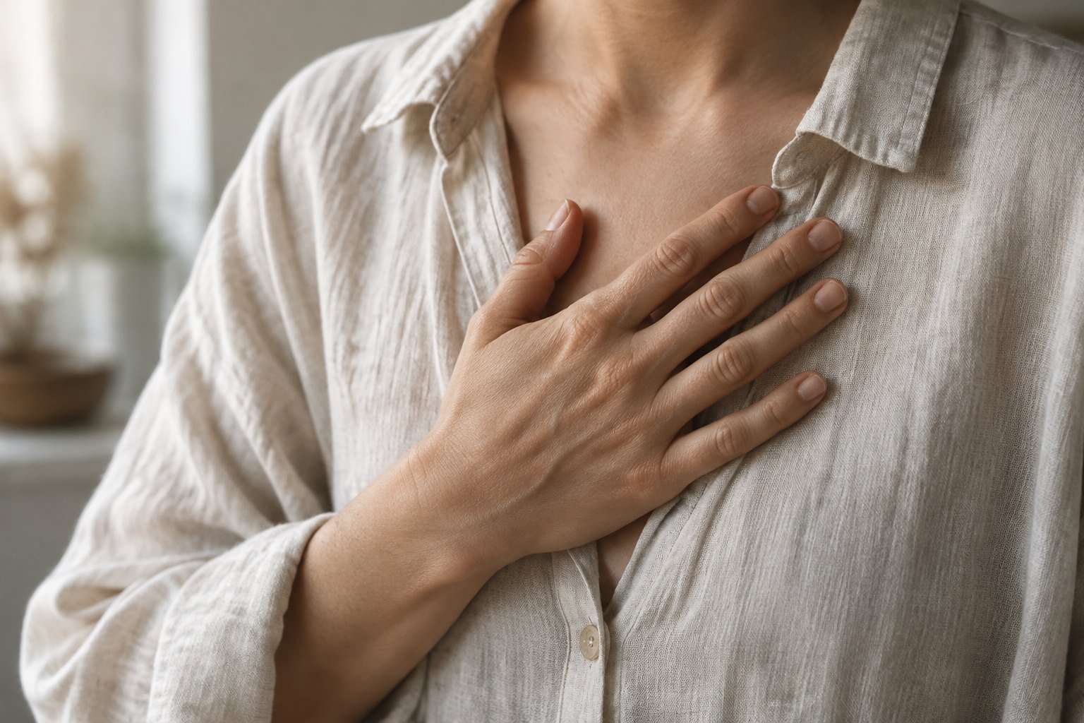Hand resting on the centre of the chest over a linen shirt