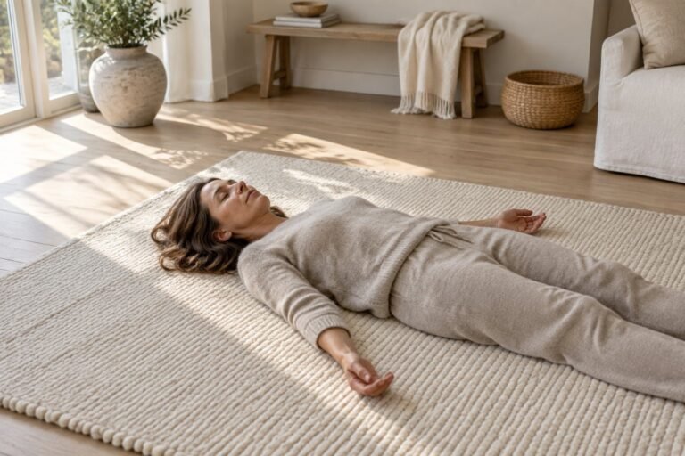 Woman lying on a wool rug on a wooden floor with eyes closed, doing a body scan