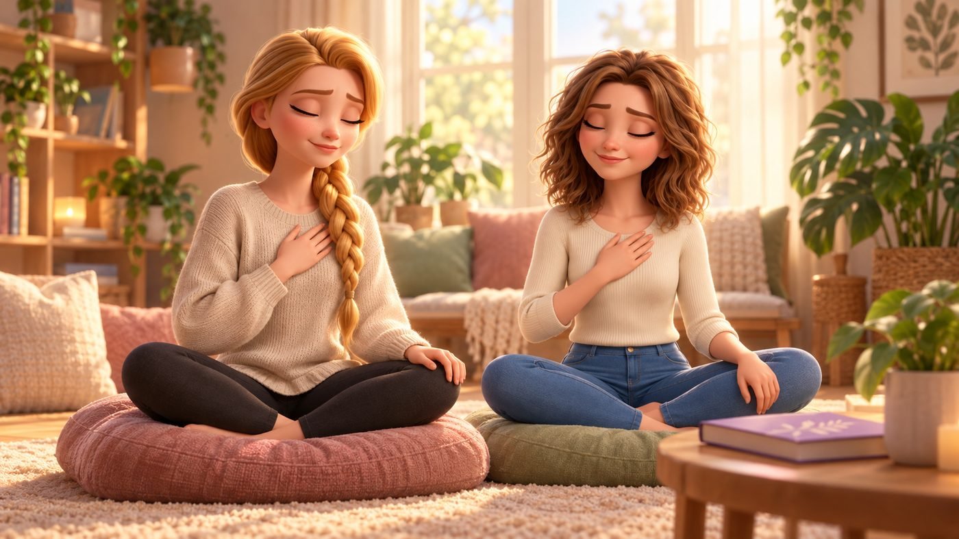 Two women practising a quiet breathing exercise from the Parimukti practice series